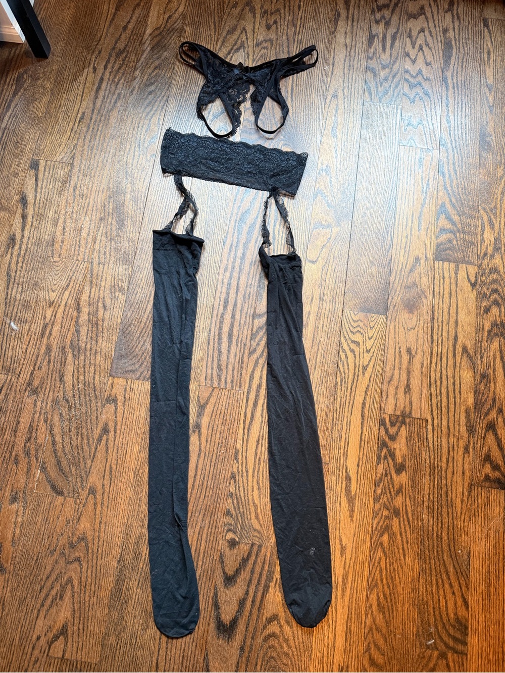 Black Lace Lingerie Set with Thigh-High Stocking Garters